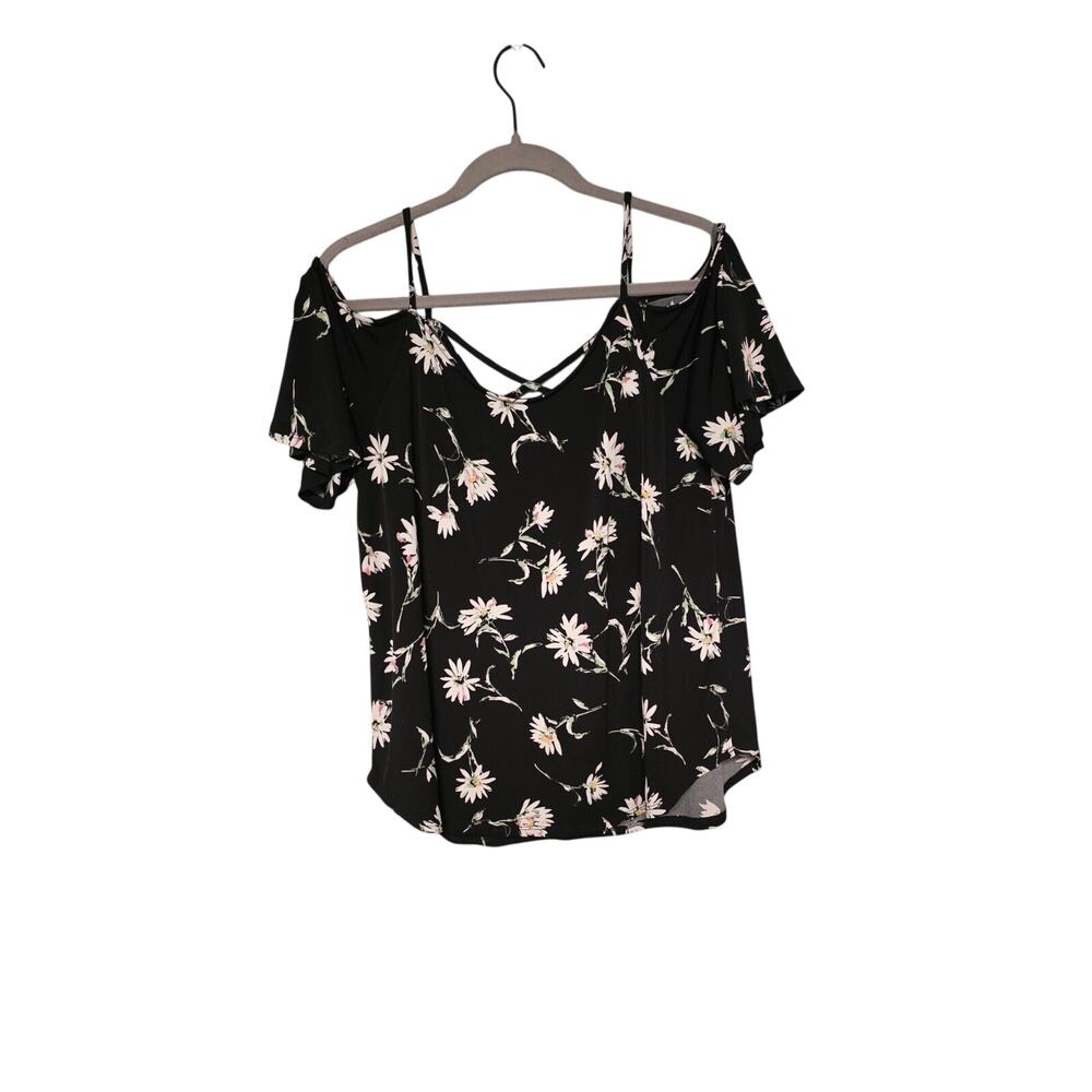KatTeigh Floral Cold Shoulder Top Womens XL Strappy Boho Flowy Summer Blouse